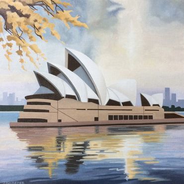 Sydney Opera House oil painting on canvas with golden wattle Australia original artwork for sale UK