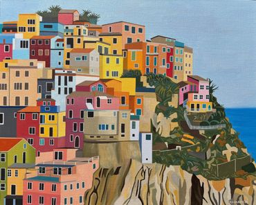Manarola Cinque Terre original oil painting on canvas Italy art for sale UK bright colourful houses