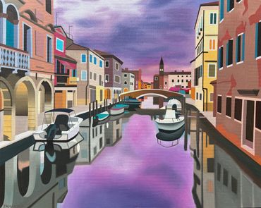 Venice canal oil painting on canvas for sale UK bright coloured buildings boats Italy sunset purple