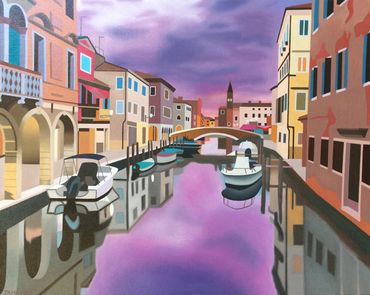 Venice canal oil painting on canvas for sale UK bright coloured buildings boats Italy sunset purple