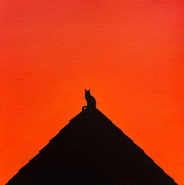 black cat silhouette on a roof oil painting on canvas orange sunset sky minimalist art for sale UK