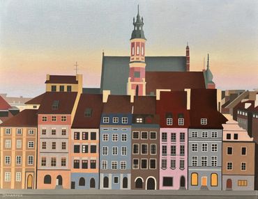 Warsaw architecture painting original oil on canvas sunset city centre buildings for sale UK 