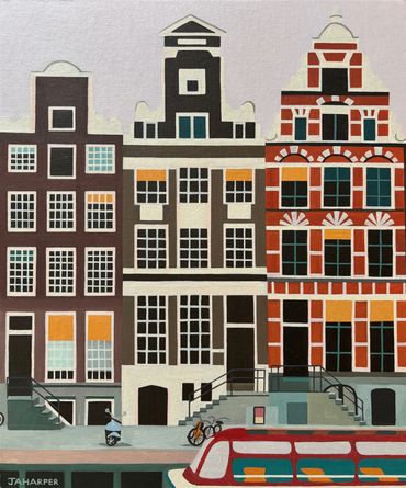 Amsterdam oil painting on canvas original artwork houses architecture for sale UK canal boat framed