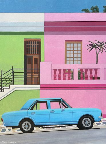 Ford Cortina Mk2 Mark II oil painting on canvas bright colours blue green pink sunny landscape 