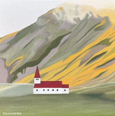 Vik i Myrdal Church original oil painting canvas south iceland iconic volcanic mountain landscape 