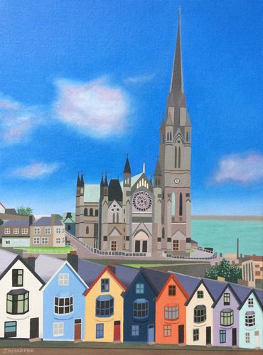 St Colman's Cathedral Cobh, original oil painting on canvas, Ring of Cork Ireland, for sale UK blue