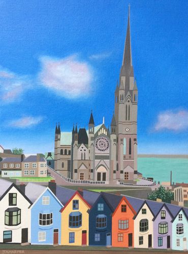 St Colman's Cathedral Cobh, original oil painting on canvas, Ring of Cork Ireland, for sale UK blue