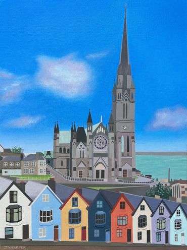 St Colman's Cathedral Cobh, original oil painting on canvas, Ring of Cork Ireland, for sale UK blue