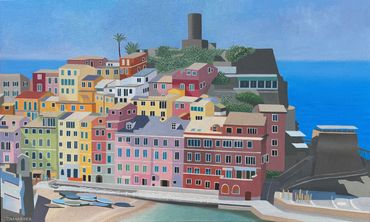 Vernazza Cinque Terre Italy oil painting on canvas for sale UK sunny Italian Riviera original art