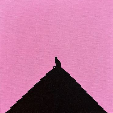 black cat silhouette oil painting on canvas pink sunset sky original art framed for sale UK small
