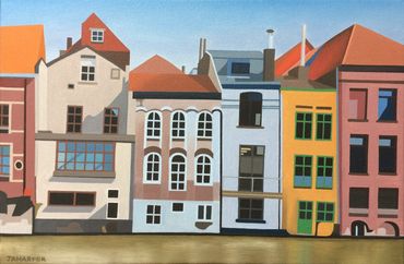 Ghent Belgium oil painting on canvas colourful houses Kraanlei sunny original artwork for sale UK