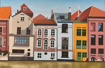 Ghent Belgium oil painting on canvas colourful houses Kraanlei sunny original artwork for sale UK