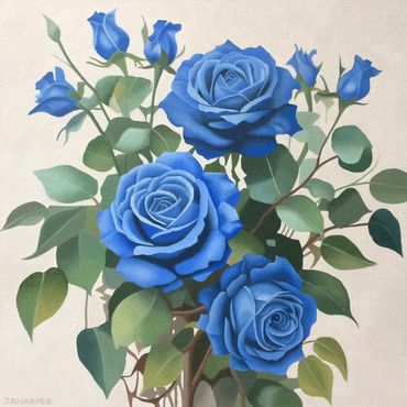 blue roses flowers bouquet green blue cream original oil painting on canvs for sale UK realistic
