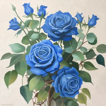 blue roses flowers bouquet green blue cream original oil painting on canvs for sale UK realistic