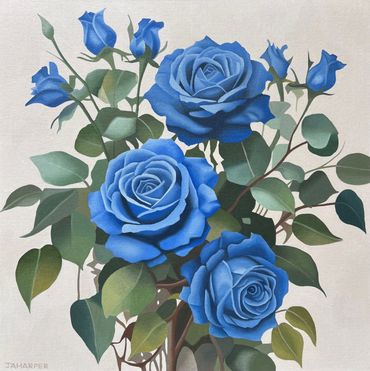 blue roses flowers bouquet green blue cream original oil painting on canvs for sale UK realistic
