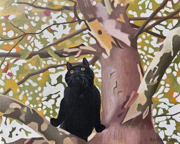 original oil painting of a black cat sitting in the branches of a tree with green and yellow leaves