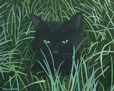 oil painting of a black cat hiding in the green grass