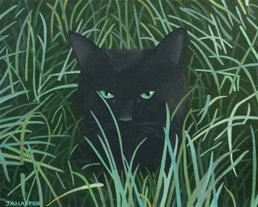oil painting of a black cat hiding in the green grass