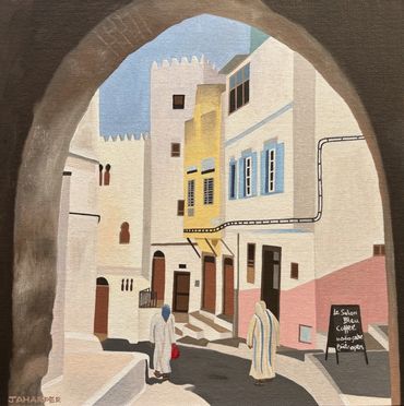 An oil painting of two men walking along the street in Place de la Kasbah in Tangier, Morocco
