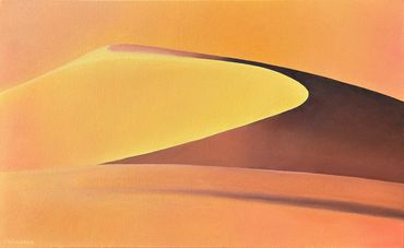 Oil painting of the Sahara desert in Morocco showing bright orange desert sand