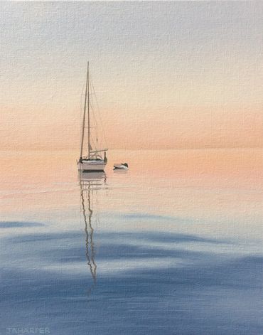 An original oil painting of a yacht sailing on tranquil waters at sunset.