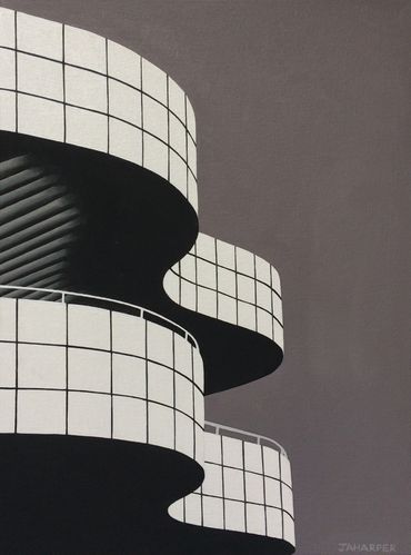 An original oil painting of the Getty Center art museum in Los Angeles. Painted in black and white