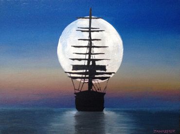 sailing ship and moon boat painting blue seascape framed ready to hang