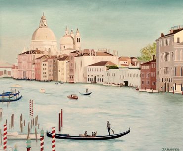 Venice grand canal original oil painting on canvas gondolas italy landscape pale blue aquamarine