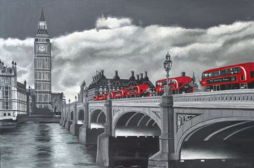 London painting red buses on Westminster Bridge original oil on canvas black and white red accent