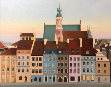 Warsaw architecture painting original oil on canvas sunset city centre buildings for sale UK 