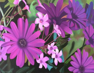 purple and pink wild flowers original oil painting on canvas gerberas vebenas realistic artwork 