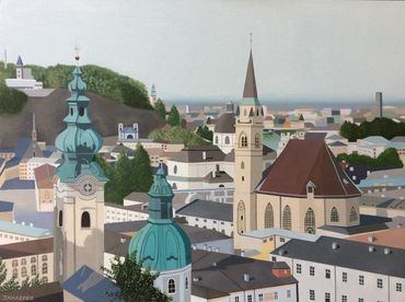 Salzburg original on painting on canvas Austrian city rooftops artwork buildings architecture framed