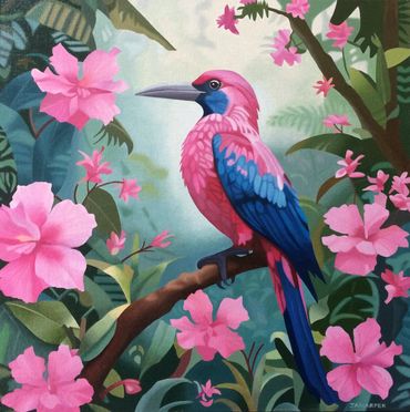 Tropical Bird original oil painting jungle pink flowers green nature for sale framed ready to hang
