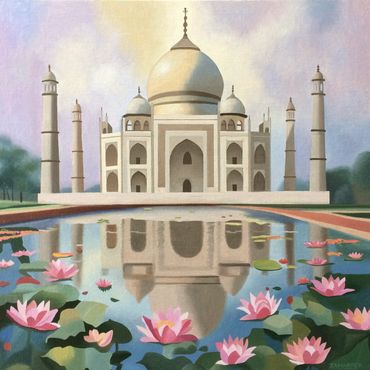Taj Mahal oil painting on canvas original India lotus flower water lilies artwork for sale framed