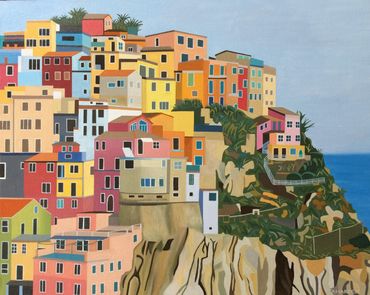 Manarola Cinque Terre original oil painting on canvas Italy art for sale UK bright colourful houses