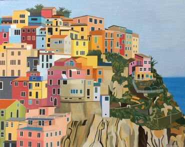 Manarola Cinque Terre original oil painting on canvas Italy art for sale UK bright colourful houses