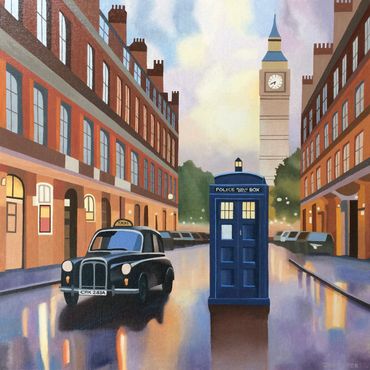 Tardis police box oil painting on canvas Dr Who London street scene landscape taxi Big Ben for sale