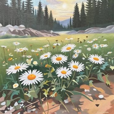 Daisies landscape painting original oil on canvas flowers floral artwork pine trees for sale UK