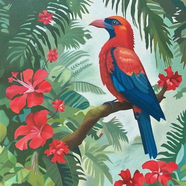 Tropical Bird original oil painting jungle red flowers green nature for sale UK framed ready to hang