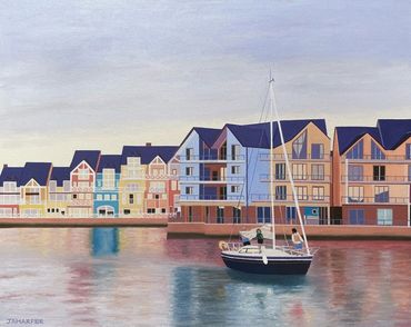 Deauville France original oil painting on canvas for sale framed ready to hang Normandy boat sailing