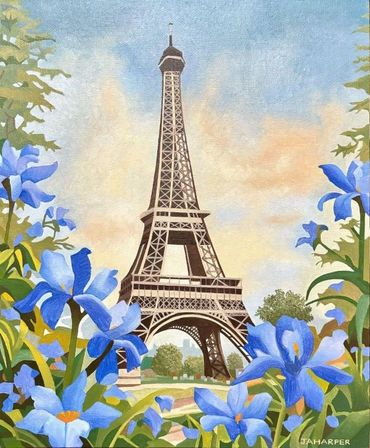 Eiffel Tower Fleur-de-Lys oil painting on canvas blue irises French monument Paris France for sale