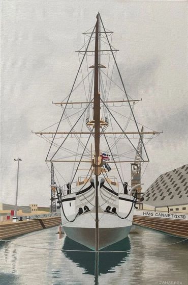 British sailing ship original oil painting on canvas HMS Gannet naval nautical Victorian sloop boat