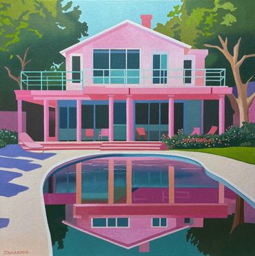 Palm Springs modern pink house with swimming pool sunny hockney inspired original oil painting 