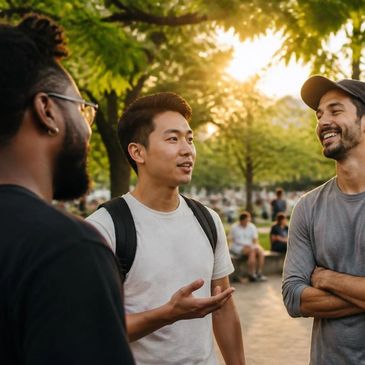 Three friends talking outdoors during sunset.