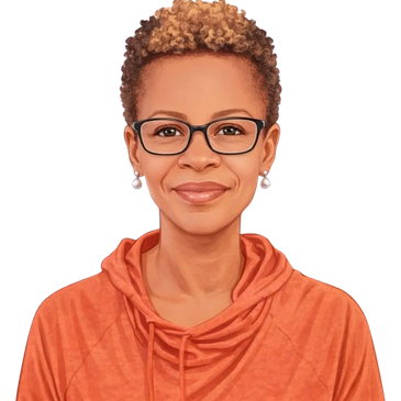 Portrait of a woman with glasses and an orange hoodie.