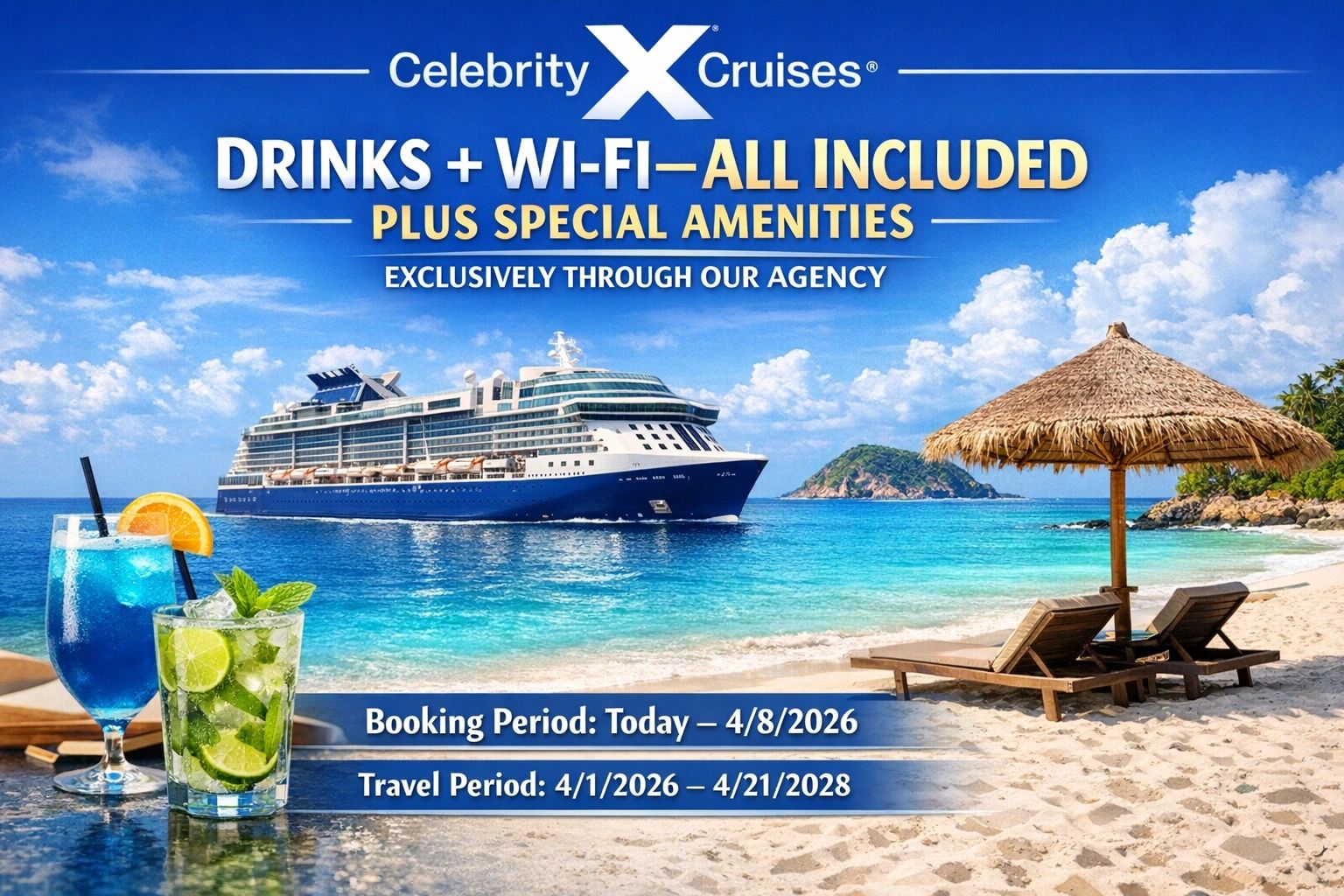 Celebrity Cruises offers all-inclusive drinks, Wi-Fi, and amenities with scenic ocean views.