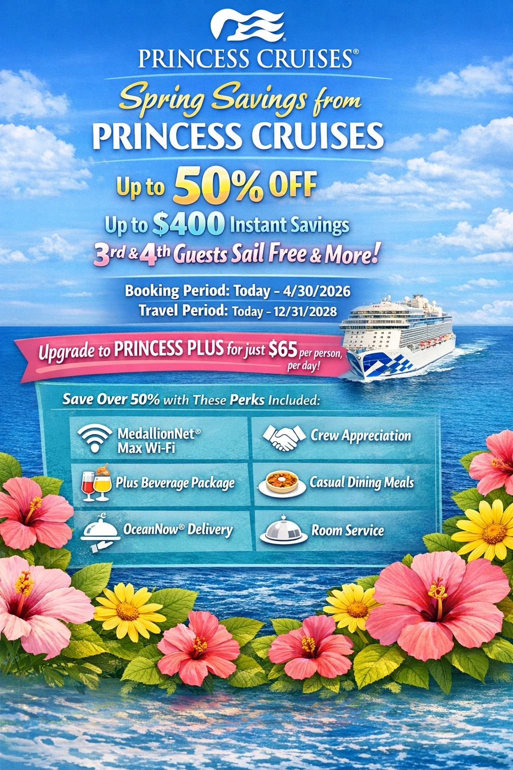 Princess Cruises spring sale with up to 50% off and $400 instant savings.