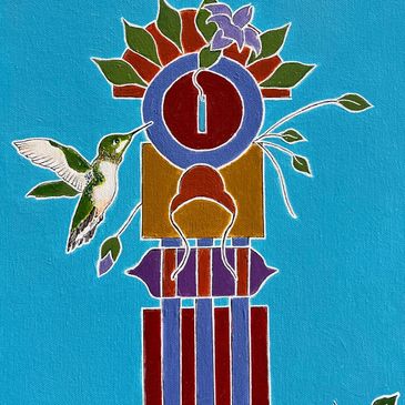 Colorful abstract art with a hummingbird and geometric shapes on blue.