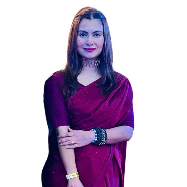 Woman in a deep purple saree with bracelets and a choker necklace.
