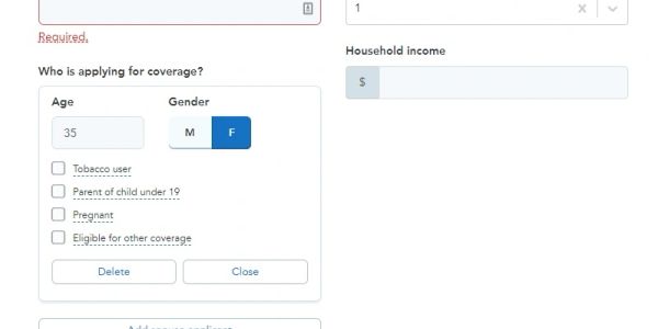 Form section for coverage application with age and gender input.
